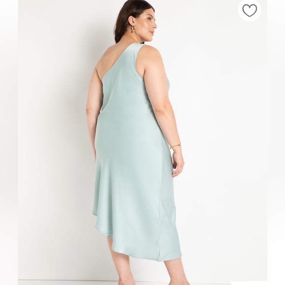 NWT Eloquii sea glass green one shoulder satin midi dress, size 16 - Picture 3 of 4